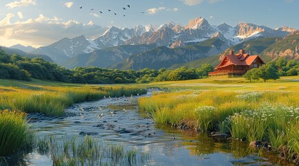 Photograph of the mountains and river in Colorado, green grass near stream with hotel on the right side, birds flying above the house, beautiful sky