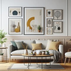 A living room with a template mockup poster empty white and with a couch and art on the wall image photo has illustrative meaning used for printing.