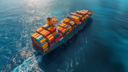 Aerial view of container cargo ship, import export business logistics and transportation of international container ships on the high seas.