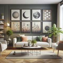 A living room with a template mockup poster empty white and with a couch and chairs image art has illustrative meaning card design.