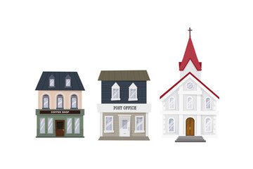 City buildings facades set. Urban architecture, house exteriors. Flat vector illustrations isolated on white 