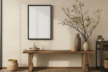 3d rendering, a black framed poster mockup on the wall of an empty modern hallway, with a wooden console table and vases with flowers, white background