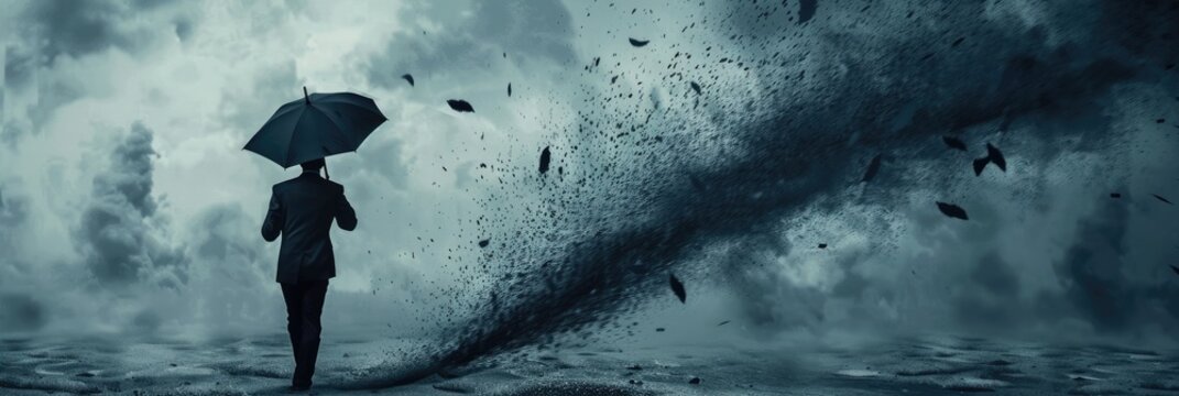 Resilience in Adversity: Businessman Defying Strong Headwind with Umbrella