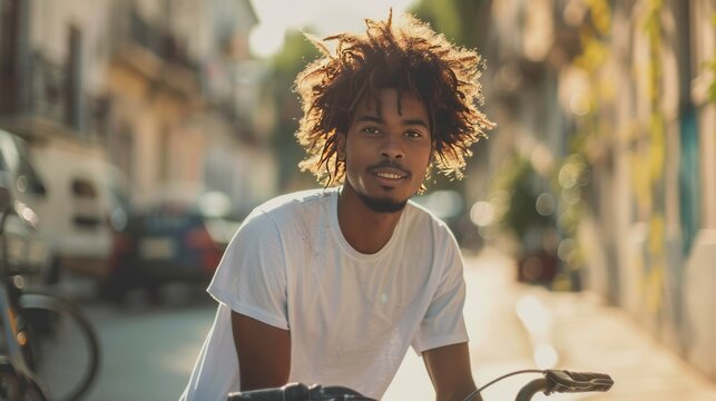 A man with dreadlocks is sitting on a bicycle