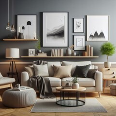 A living room with a template mockup poster empty white and with a couch and coffee table image harmony has illustrative meaning used for printing.