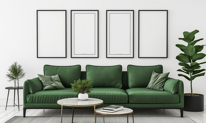 3d rendering, white wall with sofa and coffee table, empty poster frames on the white wall, living room interior design mock up, green color couch, minimalistic style