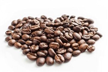 Fototapeta premium Love in a Cup: Heart-Shaped Coffee Beans in Hot Brown Espresso. Isolated on White with Nubes