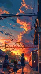Dramatic Sunset Over Illuminated Urban Cityscape with Railway Tracks and Power Lines