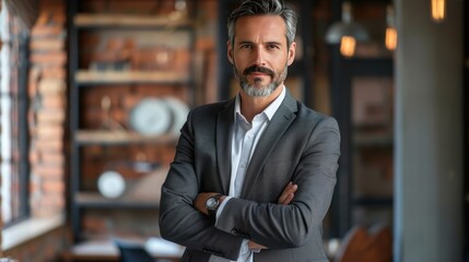 Fototapeta premium A man in a suit and tie stands in front of a brick wall
