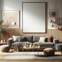 A living room with a template mockup poster empty white and with a couch and a table image art lively has illustrative meaning.