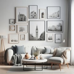 A living room with a template mockup poster empty white and with a couch and pictures on the wall art photo has illustrative meaning has illustrative meaning.
