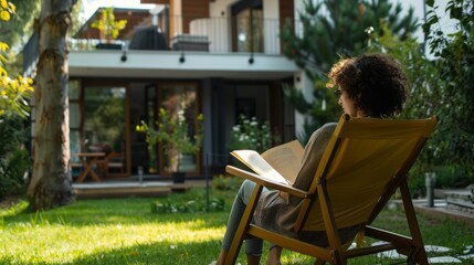 A woman is sitting in a lawn chair reading a book
