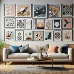 A living room with a template mockup poster empty white and with a couch and pictures on the wall art photo used for printing card design.