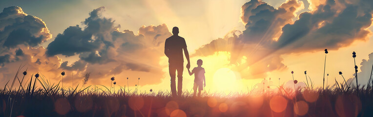 Fototapeta premium colorful dad and son flat design art illustration banner ,happy father's Day greeting card. generative ai