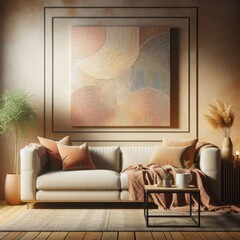 A living room with a template mockup poster empty white and with a couch and a painting on the wall image realistic realistic photo.