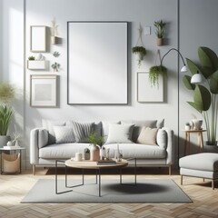 A living room with a template mockup poster empty white and with a couch and plants image art realistic attractive.