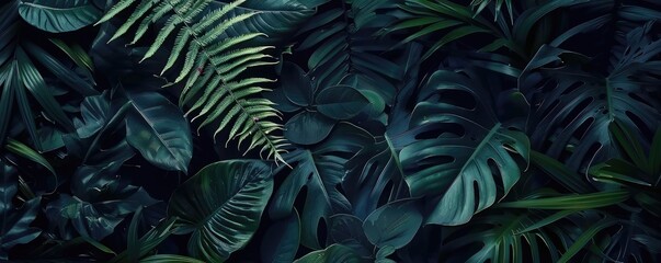 Leafy Elegance: Flat Lay Arrangement of Tropical Green Leaves, Creating a Refreshing Wallpaper Banner