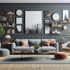 A living room with a template mockup poster empty white and with a grey couch and a coffee table art used for printing card design.