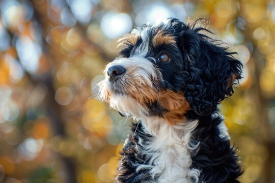 Fluffy Bernedoodle Portrait: Cute Puppy of White Bernese Mountain Dog and Poodle Mix Breed