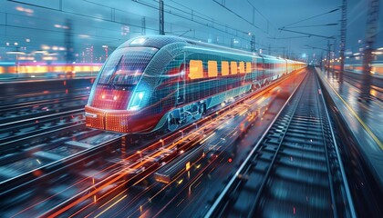 Fototapeta premium Visualize a digital twin of a complex railway system, displaying dynamic train movements and infrastructure health
