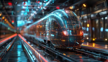 Visualize a digital twin of a complex railway system, displaying dynamic train movements and infrastructure health