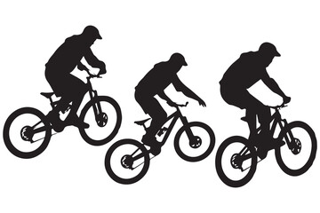 Obraz premium Black silhouettes of bicyclist rider jumping on a white background