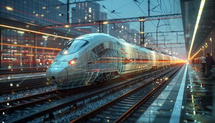 Visualize a digital twin of a complex railway system, displaying dynamic train movements and infrastructure health