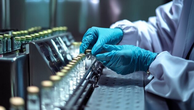 Pharmacist scientist with sanitary gloves examining medical vials on production line conveyor belt in pharmaceutical healthcare factory manufacturing prescription drugs medication mass production