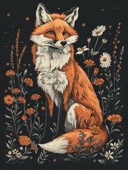 Naklejka premium Majestic Fox Sitting in a Nighttime Floral Meadow Under the Stars