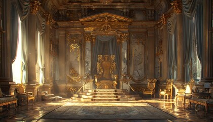 Naklejka premium Visualize a majestic throne room with a gilded scepter and crown on a velvet cushion, symbolizing centuriesold monarchy