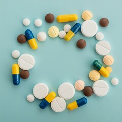 Top down view of pharmaceutical pills. Colourful prescription tablets on a plain background. Copy space for text. Marketing healthcare banner with empty space on righ side