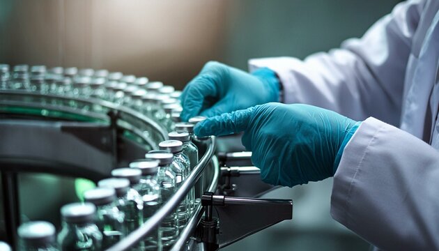 Pharmacist scientist with sanitary gloves examining medical vials on production line conveyor belt in pharmaceutical healthcare factory manufacturing prescription drugs medication mass production