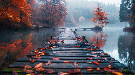Misty Autumn Lake with Wooden Pier