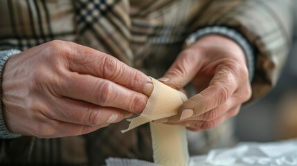 A hand with a bandage wrapped around it is laying on a bed