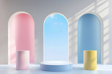 Set of pink, yellow, blue and white realistic 3d cylinder stand podium in arch window. Vector...