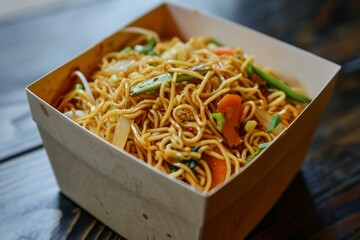 Close-up of vegetable chow mein in a biodegradable takeout box
