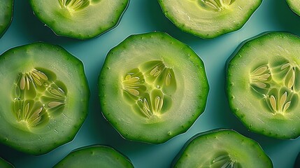   A group of sliced cucumbers sit on a blue countertop, with water droplets on top