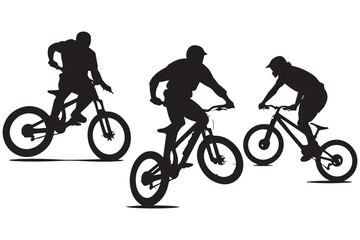 Black silhouettes of bicyclist rider jumping on a white background