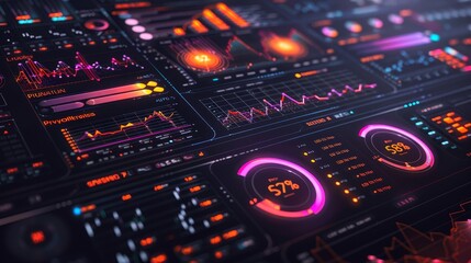 Obraz premium A colorful computer screen with many different graphs and numbers