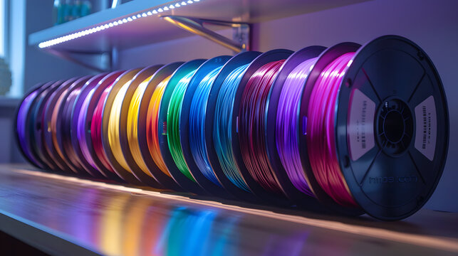 Multicolored filaments of plastic for printing on 3D printer close-up. Spools of 3D printing motley different colors thermoplastic filament. Motley ABS wire plastic for 3d printer. Additive technology