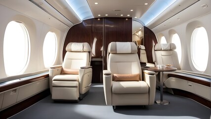 first class business luxurious seats on business or leisure flights with a large banner for copy space.