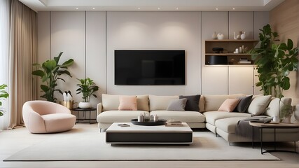 The mockup's visual appeal is enhanced by the modern living room environment, which shows how these gadgets can blend in with the general style and furnishings of a modern living area.