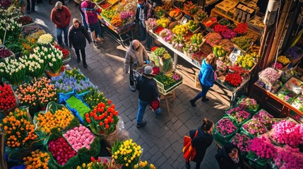 A bustling flower market scene featuring an array of colorful tulips and various spring flowers, with shoppers in the background. Resplendent.