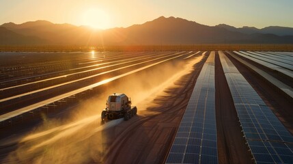 A vehicle is spraying water on a field of solar panels