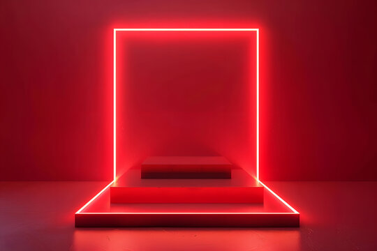 Square podium with red neon light on the way background, backdrop for display product on sale. Vector illustration. Generative Ai.