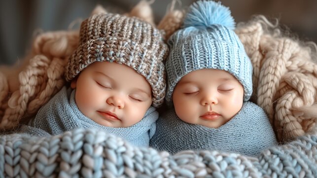 Two newborn twins are being held by their mother in the maternity ward after delivery.