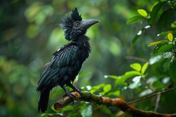 Long-Wattled Umbrellabird Perched on Andean Tree Branch in Ecuadorian Forest - Beautiful Black Bird
