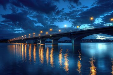 Beauty of the Woodrow Wilson Bridge at Night: Illuminated by Stunning Lights against a Blue, Cloudy