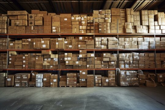 Large warehouse full of neatly organized shelves with various cardboard boxes