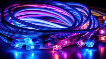 Colored electric cables and led. optical fiber, intense colors, background for technology